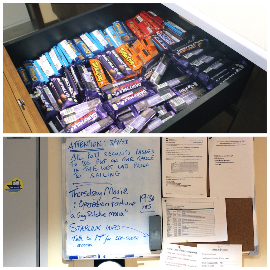 Top: A chocolate drawer onboard the Sir David Attenborough. Bottom: A notice board advertises Thursday movie night.
