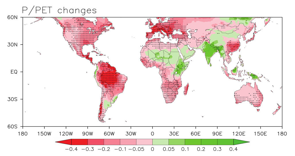 Projected changes in aridity index (the ratio of rainfall to PET), simulated over land by 27 CMIP5 climate models by 2100 under the RCP8.5 scenario. Source: Sherwood & Fu (2014). Reproduced with permission from Steven Sherwood.