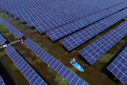 Workers boat past solar panels in a floating solar energy farm in Jingzhou, China. Image ID: W791EX.