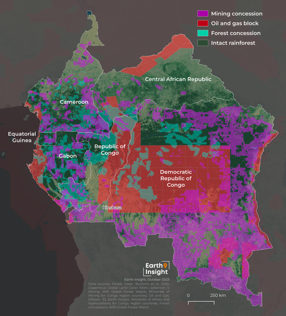 A map of the Congo basin, showing areas of mining concessions (magenta), oil and gas blocks (red), forestry concessions (light green) and intact rainforest (black). More than 72m hectares of undisturbed tropical moist forests in the Congo basin now overlap with oil and gas blocks.